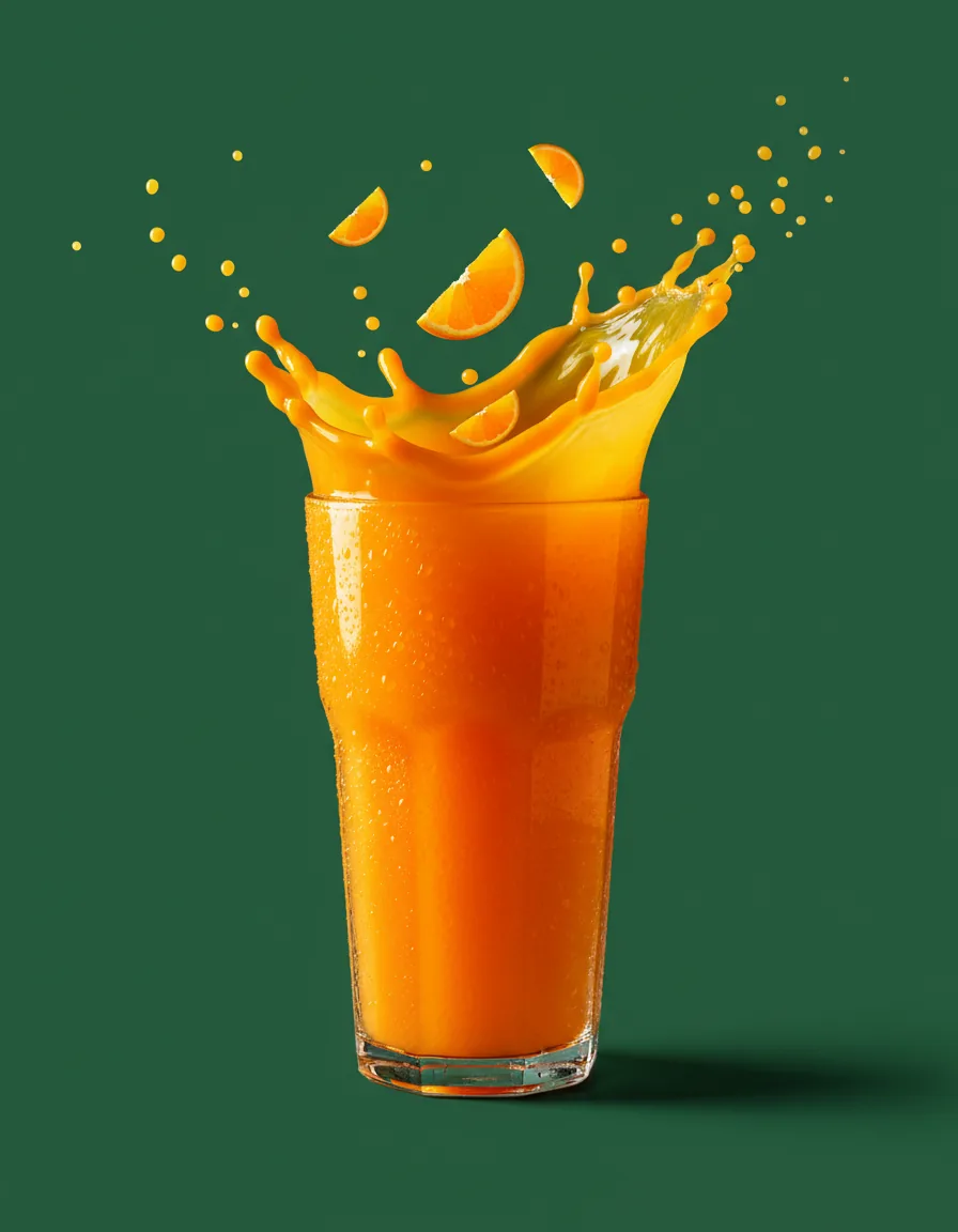Bubbleboy orange juice cup with a crown splash on a forest green backdrop