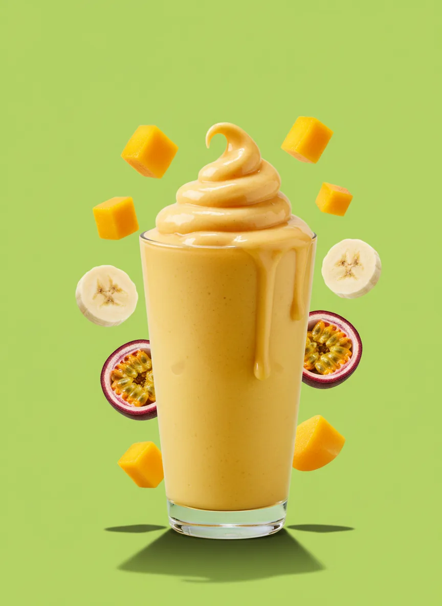 Mango smoothie cup on a lime green backdrop