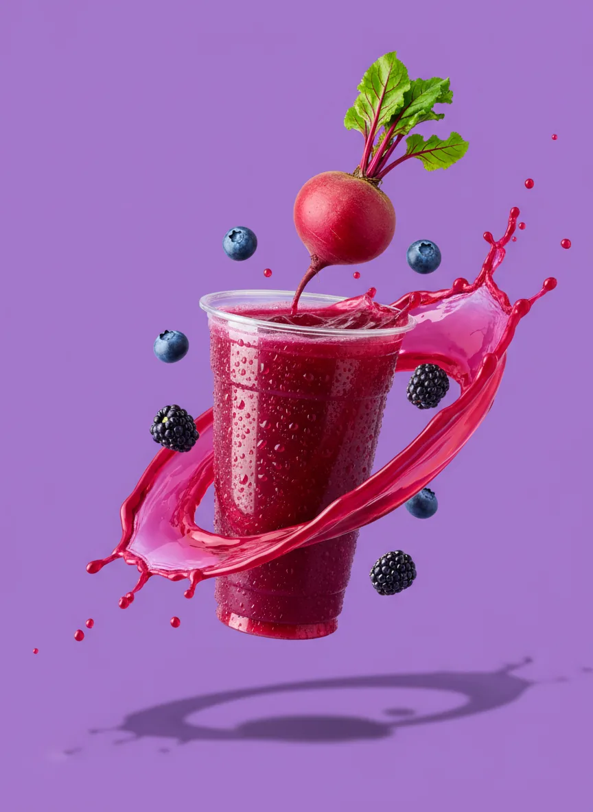 Beet juice cup tilted mid air on a grape purple backdrop