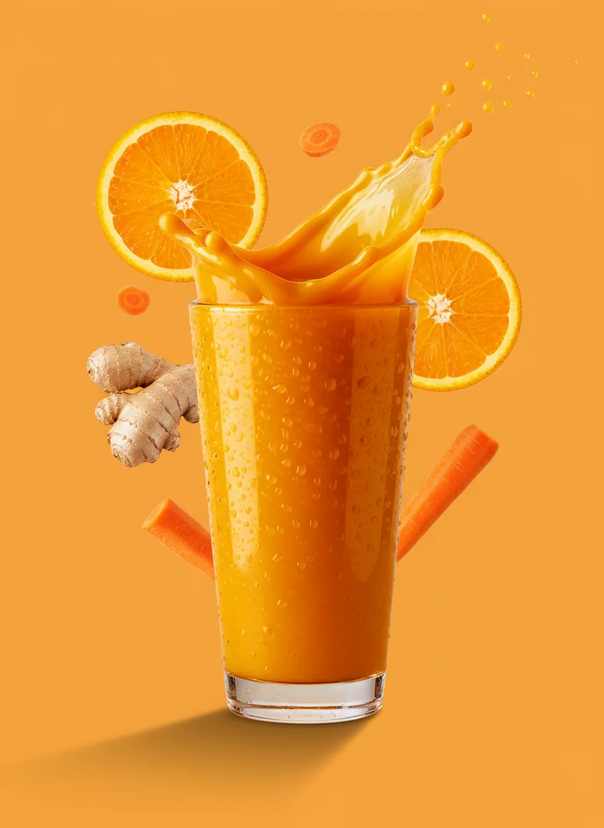 Cup of orange juice caught mid splash on a tangerine backdrop