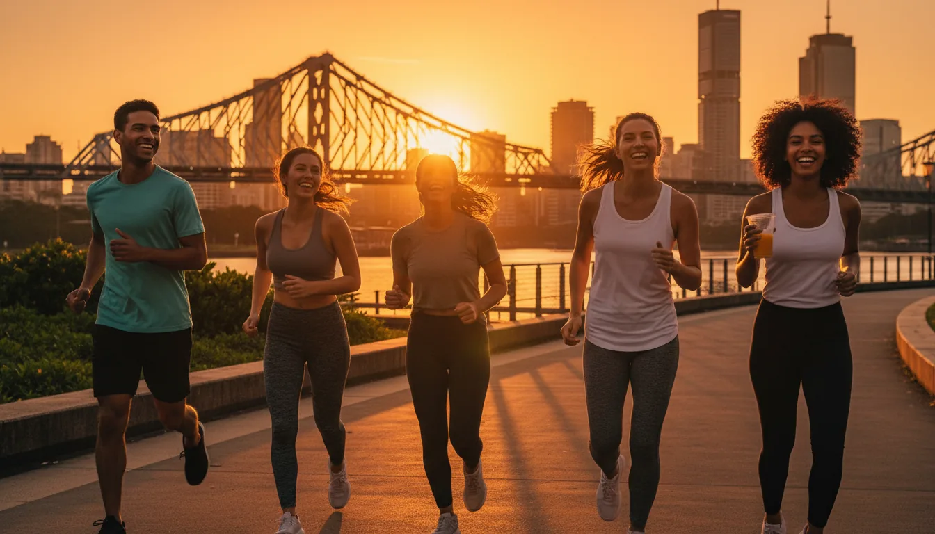 Five joyful runners at golden sunrise on the Brisbane river boardwalk with the Story Bridge behind them
